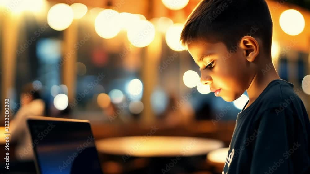 A young boy deeply focused on reading a book in a cozy, warm-lit cafe setting. His serious expression reflects dedication and curiosity. A young boy deeply focused on reading a book in a cozy, warm-lit cafe setting. His serious expression reflects dedication and curiosity.