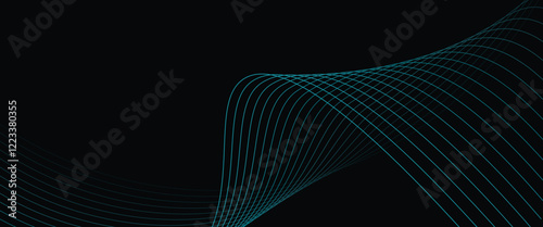 Vector abstract light lines wavy flowing dynamic in blue colors isolated on black background.