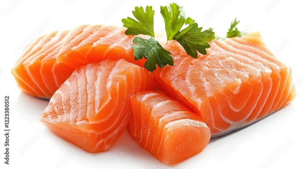 Fresh Salmon Slices with Green Herb Garnish on White Background Fresh Salmon Slices with Green Herb Garnish on White Background