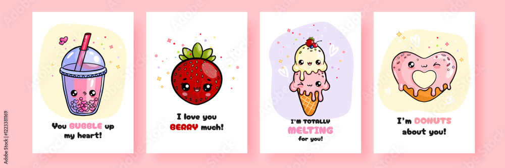 Obraz premium Set of cute card with hand drawn heart shaped donut, bubble tee, strawberry, ice cream characters and funny inscription. Vector template for Valentine's Day celebration, print, poster