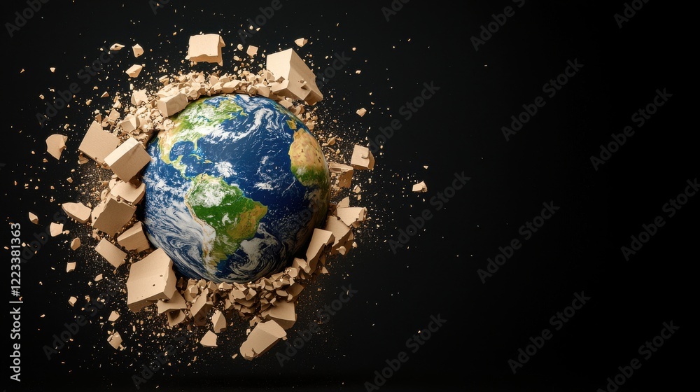 A globe surrounded by debris, depicting a dramatic impact or destruction, set against a dark background. A globe surrounded by debris, depicting a dramatic impact or destruction, set against a dark background.