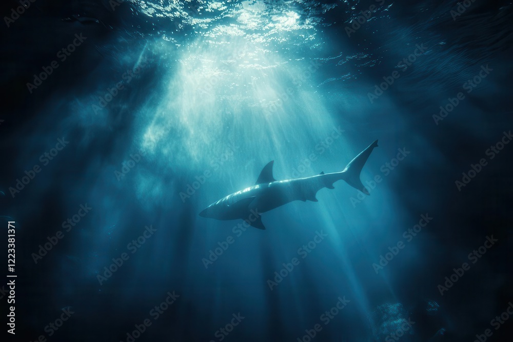 Obraz premium ethereal underwater scene of great white shark emerging from misty blue depths, rays of sunlight creating dramatic god rays through crystal clear water