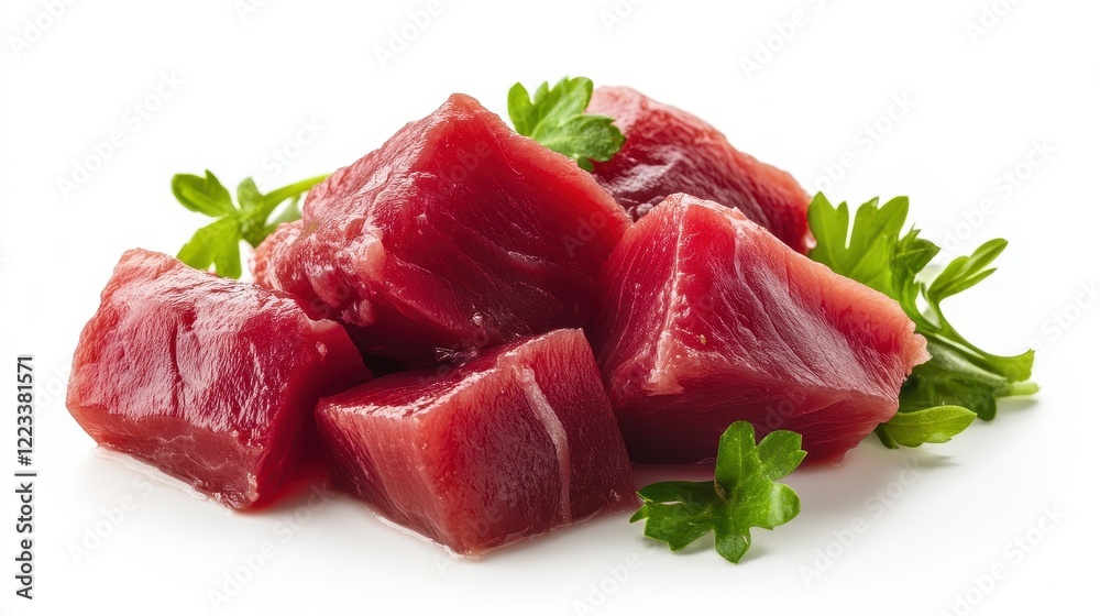 Fresh Raw Meat Cubes with Green Herb Garnish on White Background Fresh Raw Meat Cubes with Green Herb Garnish on White Background