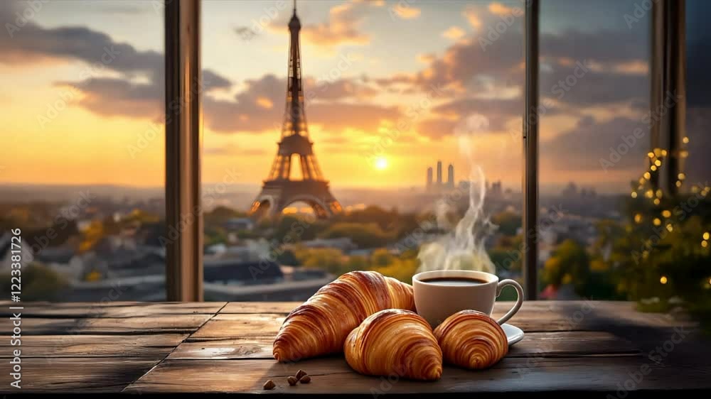Fresh croissants and hot coffee in front of the Eiffeltower in Paris