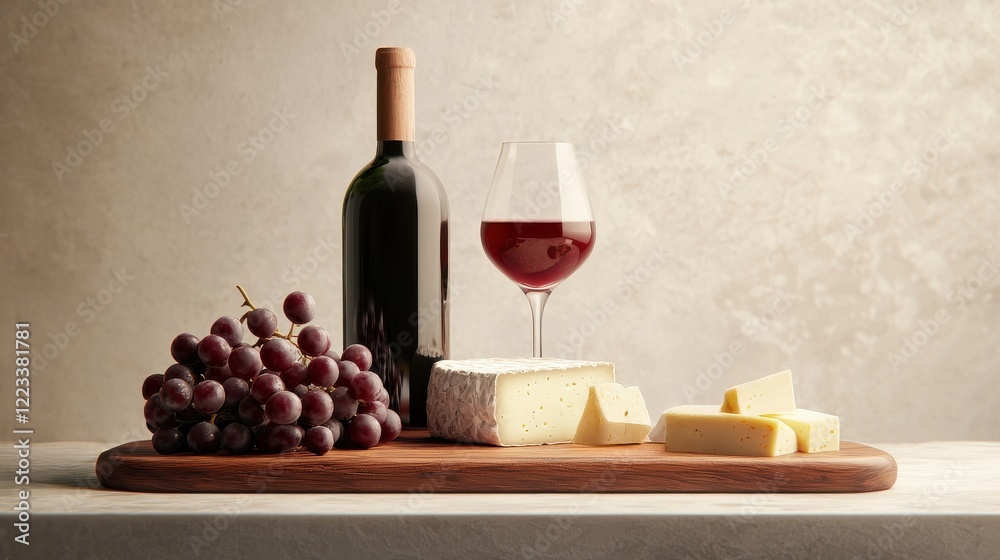 Naklejka premium A bottle of red wine, a glass, assorted cheeses, and fresh grapes elegantly arranged on a wooden board against a soft background.
