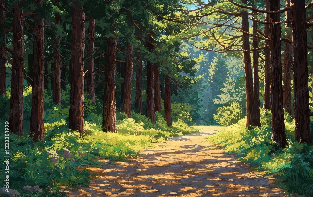 Obraz premium A peaceful forest path lined with tall pine trees and dappled sunlight filtering through the canopy