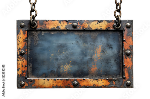 A blank, rusty metal sign hanging from chains, isolated on a transparent background.