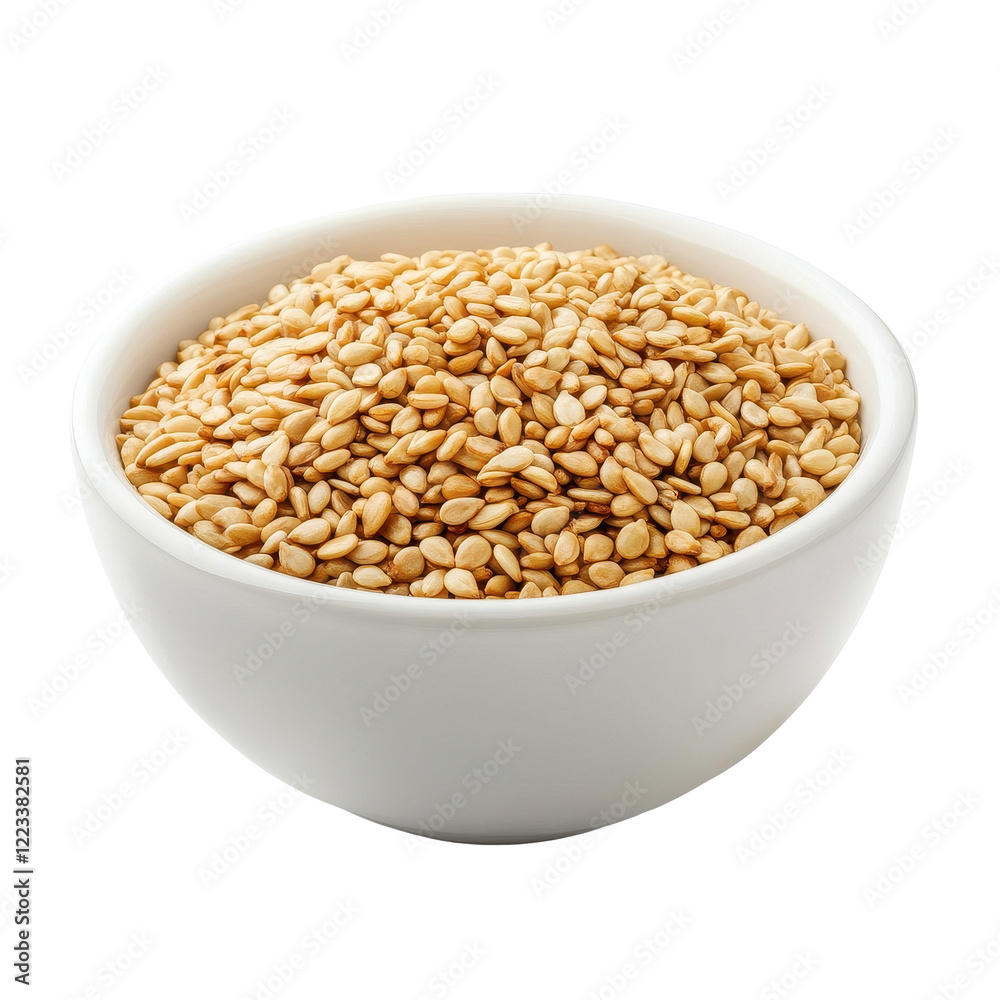 White bowl filled with toasted sesame seeds on Transparent background ready for culinary use, Sesame seeds in white bowl isolated on PNG background White bowl filled with toasted sesame seeds on Transparent background ready for culinary use, Sesame seeds in white bowl isolated on PNG background