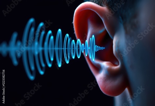 Close-up of human ear with sound waves. Hearing concept for health, technology, music, and science education. Use for awareness campaigns, presentations, and medical brochures.