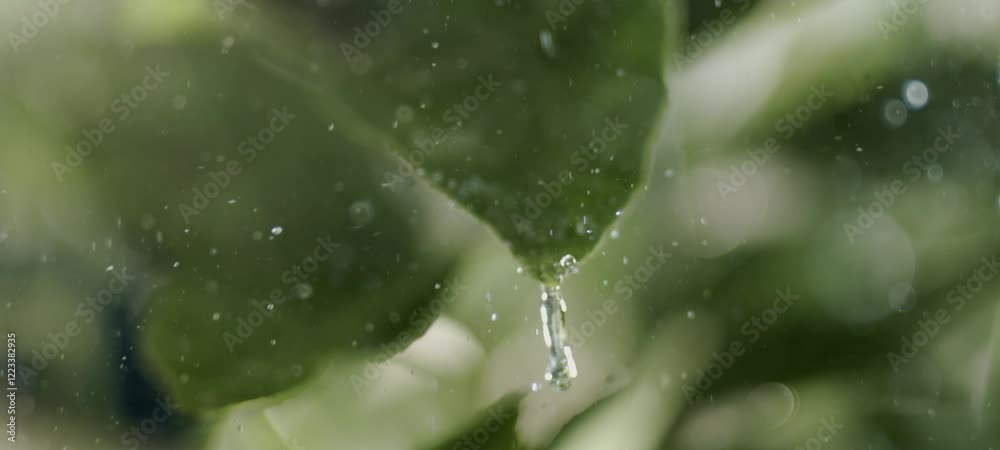 Footage of raining on blur green background