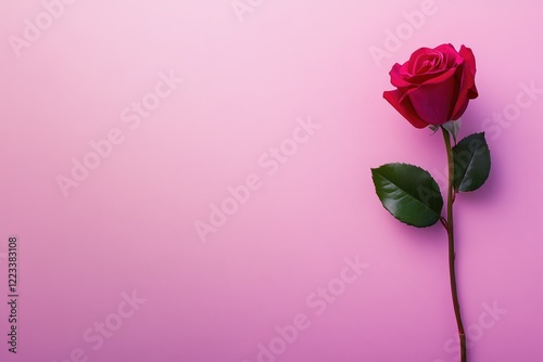 Vertical Red Rose With Prominent Leaves On Pink Base