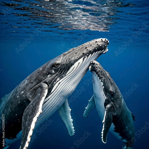 A mother and calf humpback whale sharing a tender moment, eye contact, in the vast ocean, World Whale Day, marine life, connection,  photo