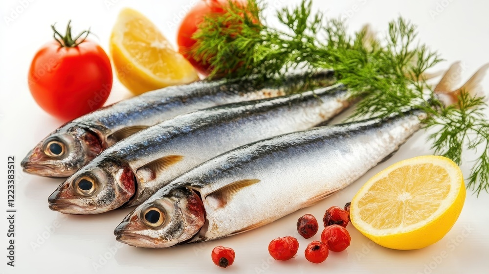 Fresh Herring Fish with Lemon, Tomato, and Herbs on White Background Fresh Herring Fish with Lemon, Tomato, and Herbs on White Background