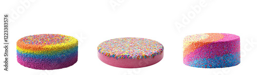 Three colorful, sprinkle-covered platforms, suitable for product display, are isolated on a transparent background.