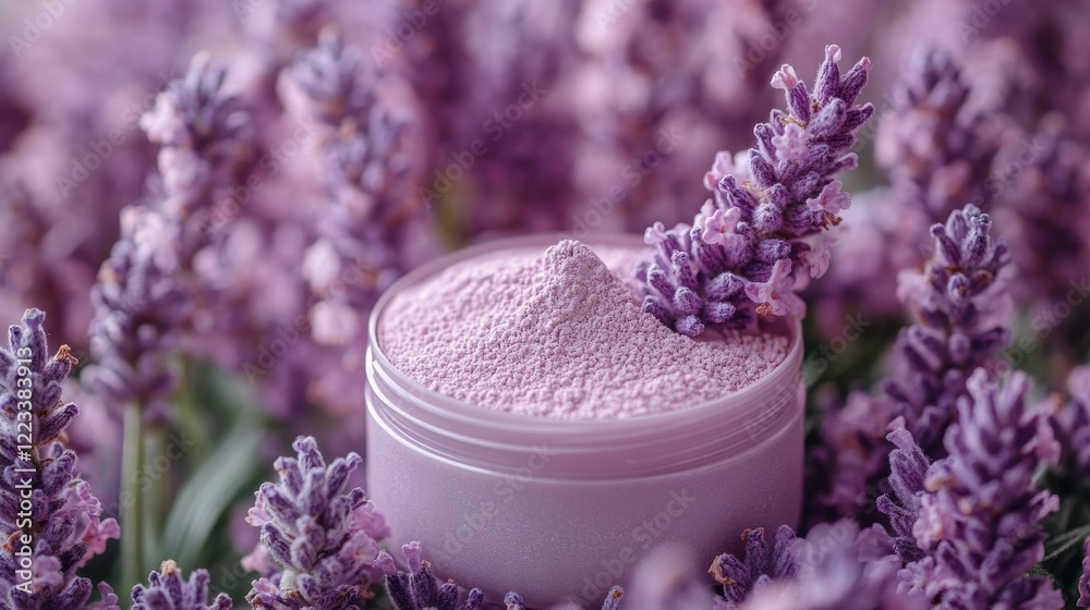 Lavender Powder in Container Surrounded by Fresh Lavender Blooms Lavender Powder in Container Surrounded by Fresh Lavender Blooms