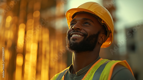 Young african male construction worker smiling at construction site during golden hour photo