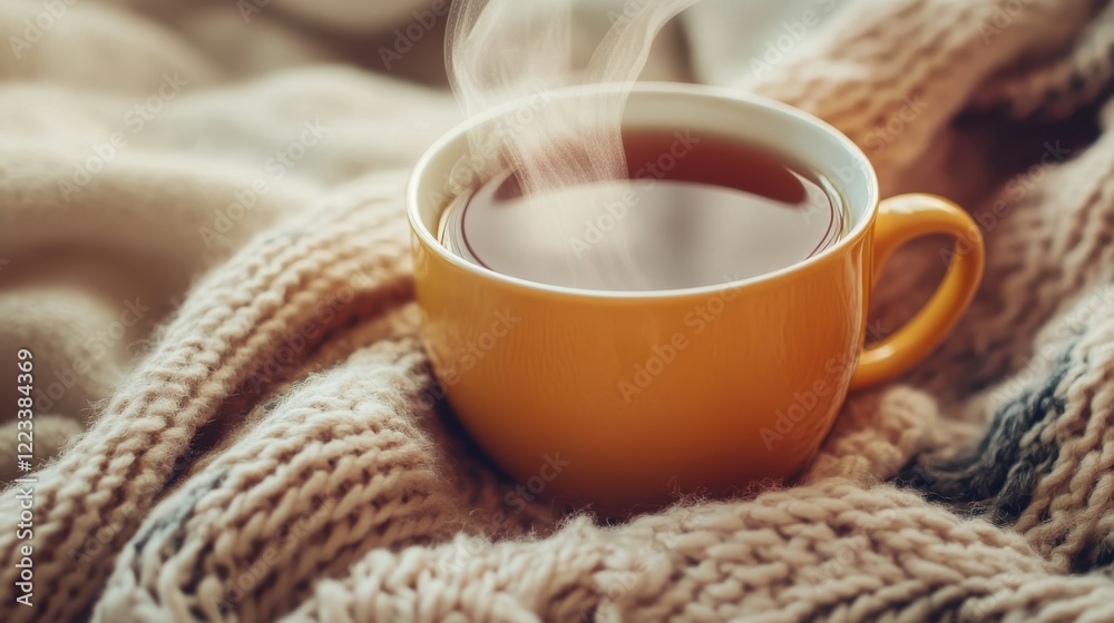Warm cup of steaming tea on cozy knit blanket Warm cup of steaming tea on cozy knit blanket