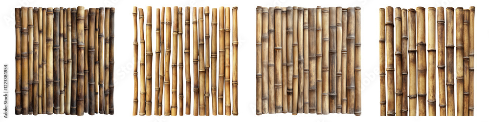 Fototapeta premium Bamboo wall paneling isolated on transparent background, PNG, Set of