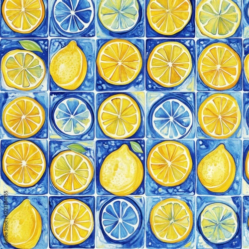 Colorful lemon and citrus tile pattern background