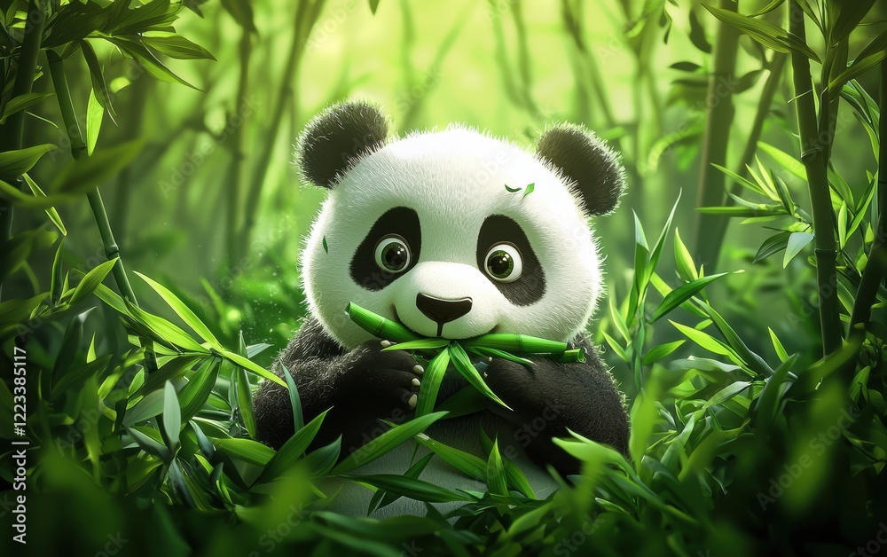 Fototapeta premium Realistic 3D icon cartoon of a panda eating bamboo, surrounded by a lush bamboo forest