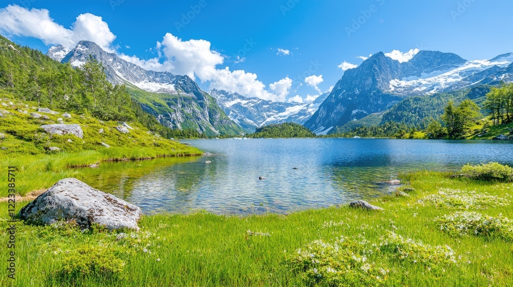 Fototapeta premium Alpine lake, sunny day, mountain panorama, tranquil scene, nature travel