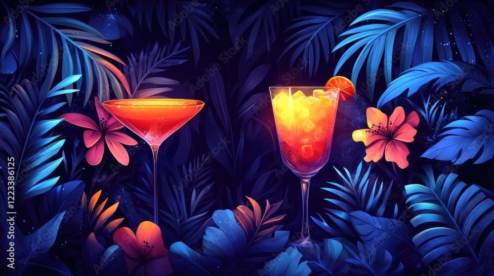 Naklejka premium Vibrant Tropical Cocktails with Exotic Flowers in a Lush Jungle Atmosphere