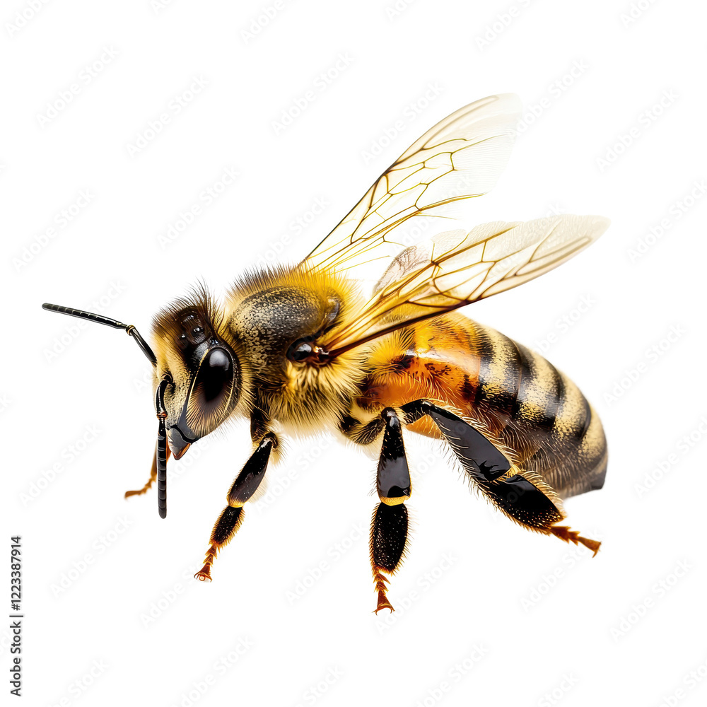 Closeup of a honey bee resting on a white background, showcasing its intricate features and anatomy, Honey bee isolated on white background Closeup of a honey bee resting on a white background, showcasing its intricate features and anatomy, Honey bee isolated on white background