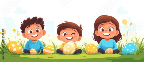 Happy Kids Enjoying Easter Egg Hunt Outdoors with Colorful Eggs