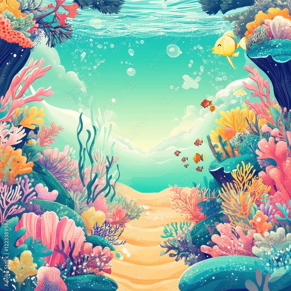Naklejka premium Vibrant Underwater Scene With Colorful Coral Reef And Fish
