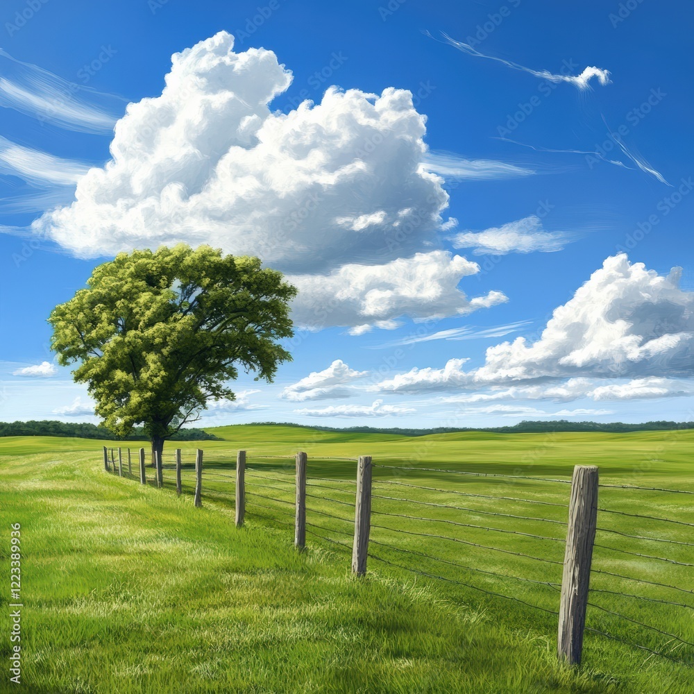 Vast green fields stretch towards the horizon, dotted by a solitary tree. Soft clouds float in a bright blue sky, creating a serene and tranquil atmosphere on a sunny day Vast green fields stretch towards the horizon, dotted by a solitary tree. Soft clouds float in a bright blue sky, creating a serene and tranquil atmosphere on a sunny day