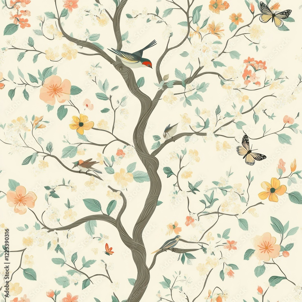 Fototapeta premium Blooming tree, birds, butterflies, cream background, nature wallpaper