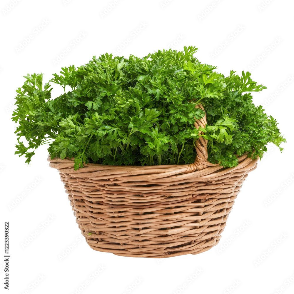 Freshly harvested parsley in a woven basket on a clean Transparent background, Parsley in basket isolated on PNG background Freshly harvested parsley in a woven basket on a clean Transparent background, Parsley in basket isolated on PNG background