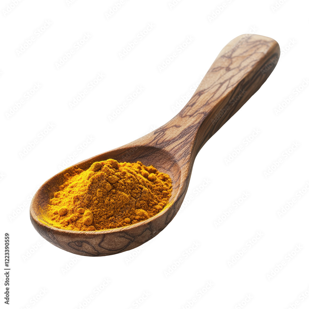 Turmeric powder in a wooden spoon against a clean Transparent background for culinary uses, turmeric in a wood spoon isolated on PNG background Turmeric powder in a wooden spoon against a clean Transparent background for culinary uses, turmeric in a wood spoon isolated on PNG background