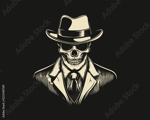 Monochrome mafia skull depicted in vector illustration. Graceful hand-drawn skeletal face. Design element suitable for logo, label, emblem, sign, brand mark, poster, t-shirt print.