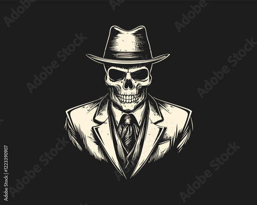 mafia skull vector logo. Skull in mafia suit mascot isolated on a black background. t shirt design