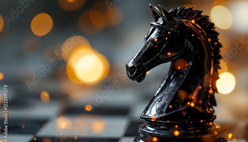 Black Knight Chess Piece Glowing Image Strategy Game