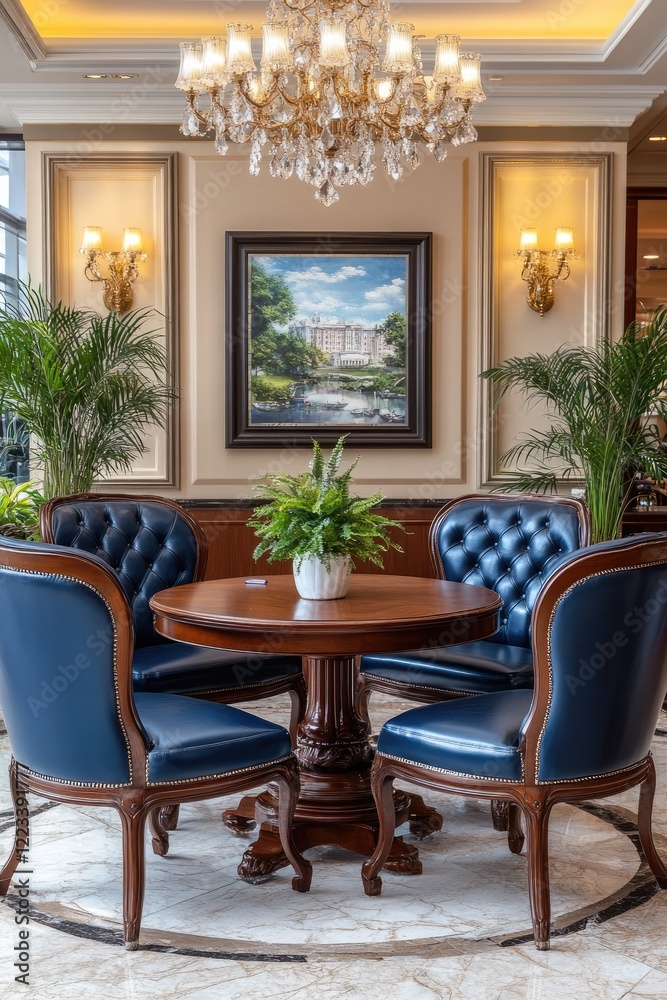 Fototapeta premium Elegant Dining Room with Blue Leather Chairs and Crystal Chandelier in Luxurious Setting