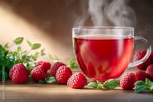 A bold red raspberry hot tea in an elegant glass mug with steam swirling, surrounded by fresh raspberries and mint leaves on a wooden surface.
