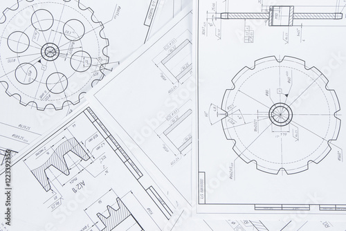 paper engineering drawings of industrial parts and mechanisms	