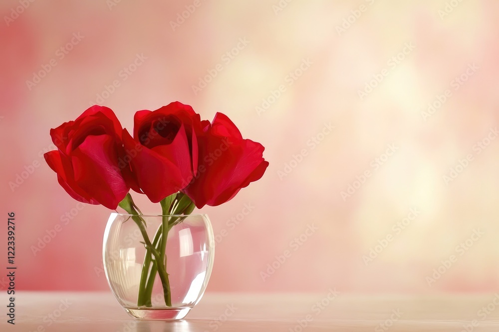 Fototapeta premium Trio Of Red Roses In Glass Vase On A Soft Background.