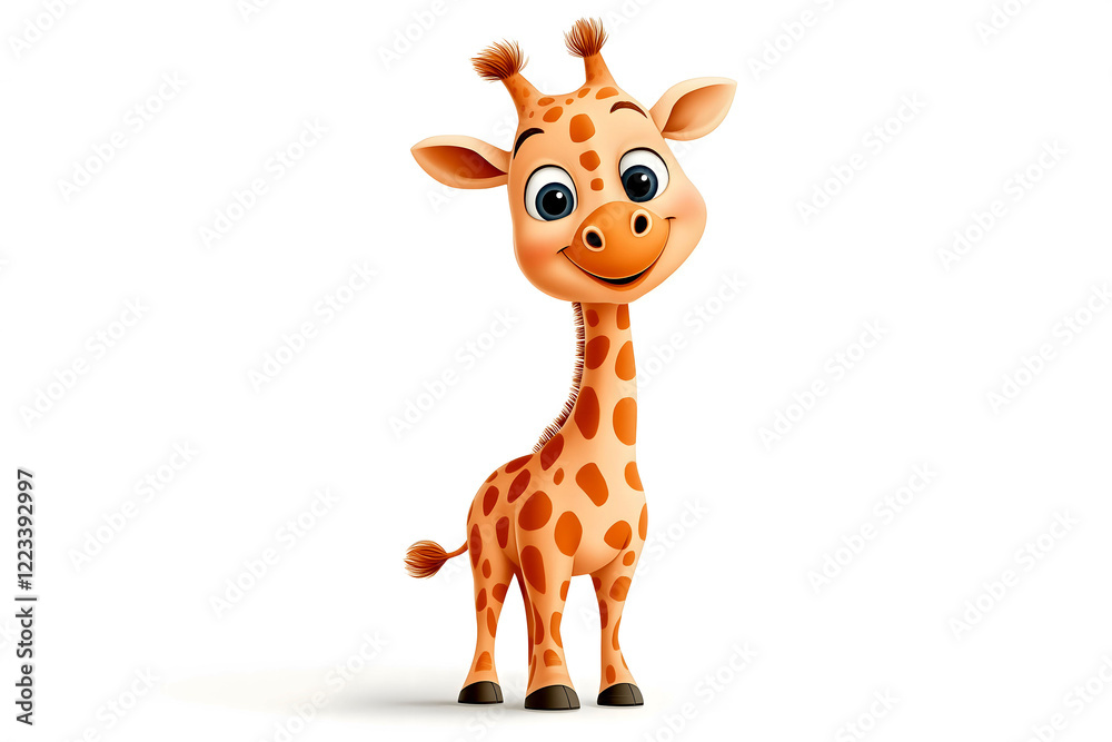 A cartoon giraffe stands joyfully, showcasing its vibrant spots and expressive facial features. The character radiates happiness with a friendly demeanor, appealing to children and families A cartoon giraffe stands joyfully, showcasing its vibrant spots and expressive facial features. The character radiates happiness with a friendly demeanor, appealing to children and families