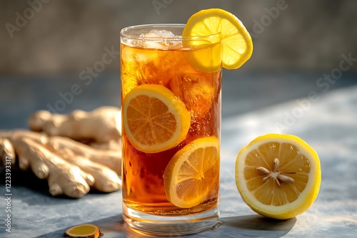 A bright, refreshing iced lemon ginger tea with a swirl of honey and a lemon slice, resting in a tall glass.
