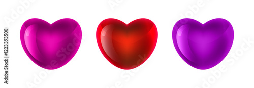 set of vector glass hearts in red pink and purple colors volumetric object