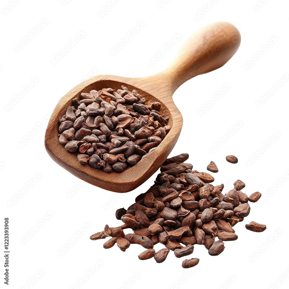Obraz premium Cocoa seeds in a wooden scoop on a Transparent background highlighting natural ingredients for culinary use, Cocoa and seeds in wood scoop isolated on PNG background