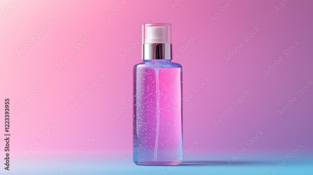 Elegant Clear Bottle with Gradient Liquid Effect on Pink Background Elegant Clear Bottle with Gradient Liquid Effect on Pink Background