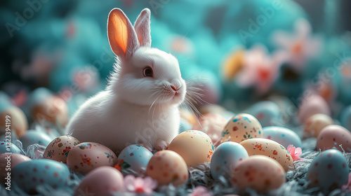 White Bunny with Colorful Easter Eggs
 photo