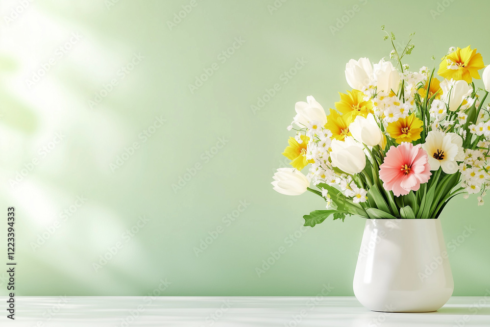 Spring flower bouquet in white vase on green background