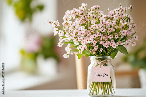 Pink flowers in jar with thank you tag on bright background