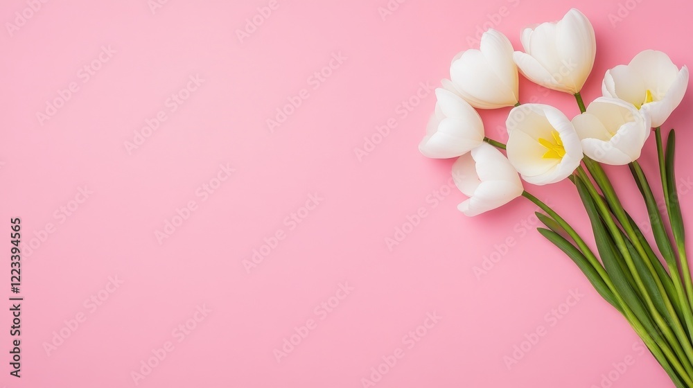 Fototapeta premium Elegant White Tulips Arranged On Pink Canvas, Tranquility.