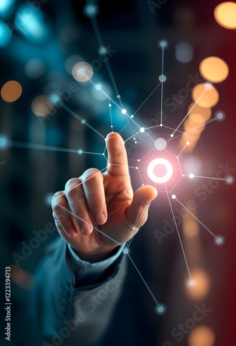 Businessman touching virtual network connection technology on blurred background. Generated AI image, dreamy atmosphere, with white tones